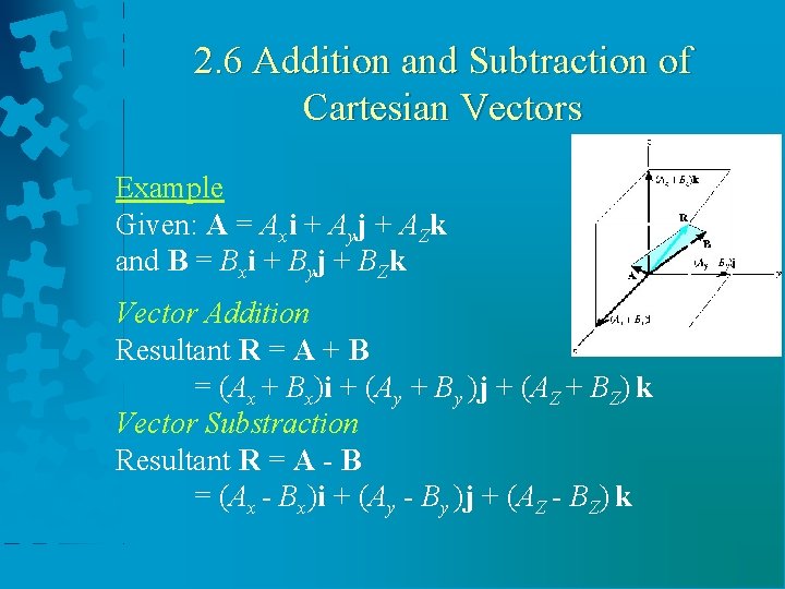 2. 6 Addition and Subtraction of Cartesian Vectors Example Given: A = Axi +