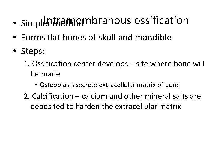 Intramembranous ossification • Simpler method • Forms flat bones of skull and mandible •