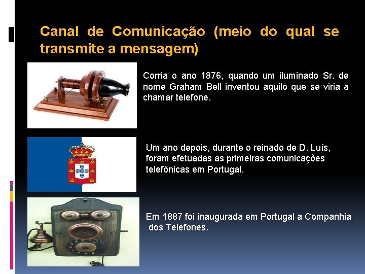 Canal de Comunicação (meio do qual se transmite a mensagem) Corria o ano 1876,