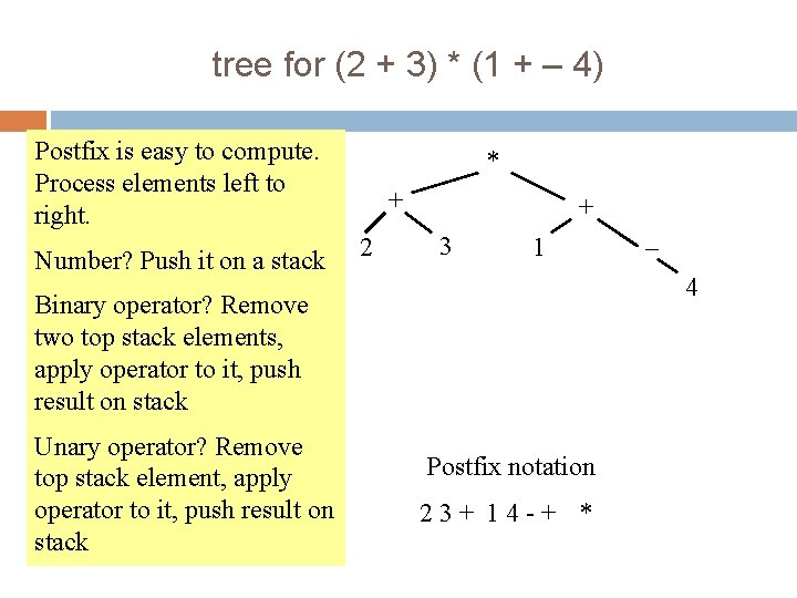 11 tree for (2 + 3) * (1 + – 4) Postfix is easy