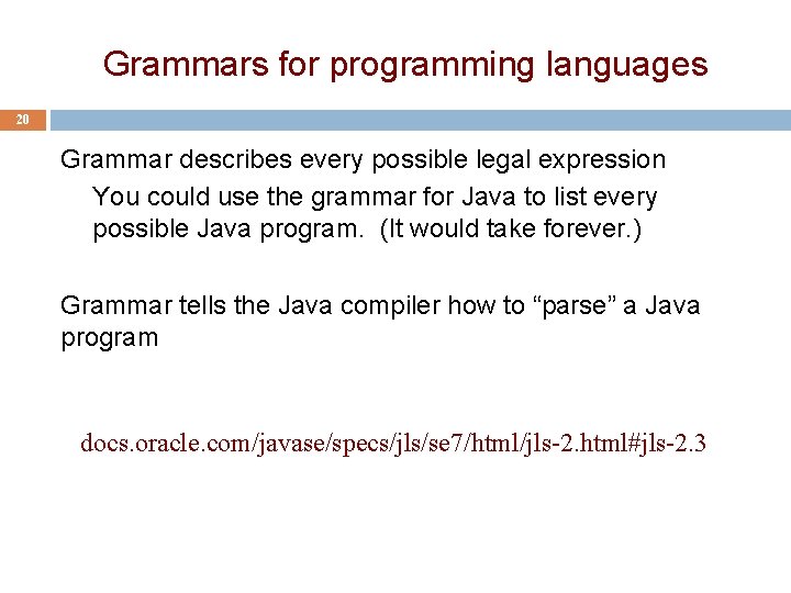 Grammars for programming languages 20 Grammar describes every possible legal expression You could use