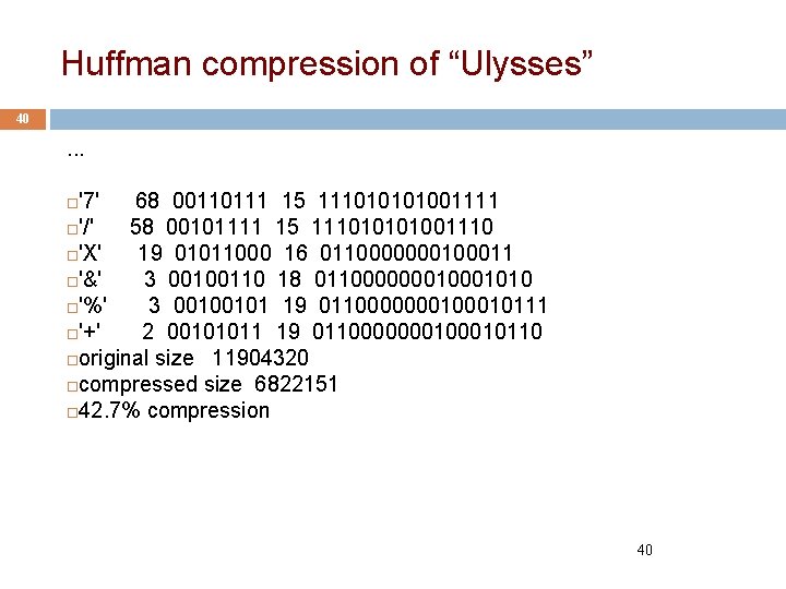 Huffman compression of “Ulysses” 40 . . . '7' 68 00110111 15 11101001111 '/'