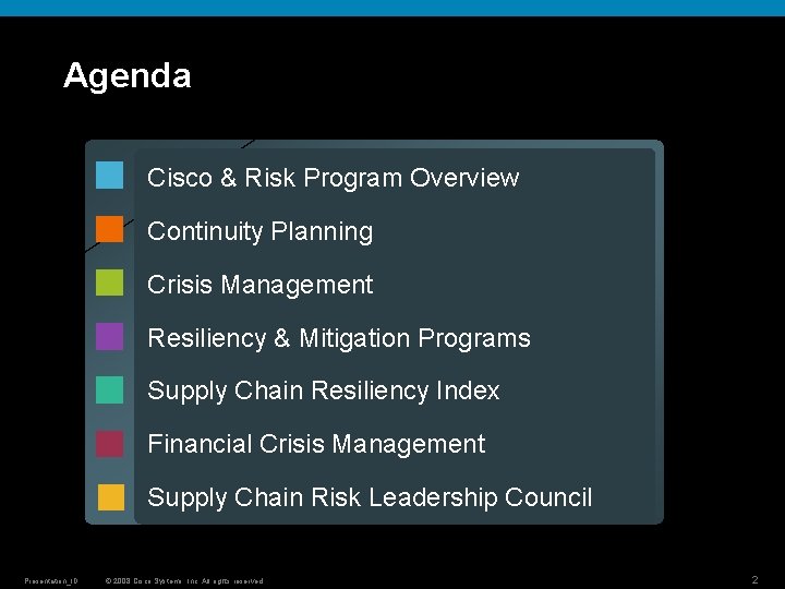 Agenda Cisco & Risk Program Overview Continuity Planning Crisis Management Resiliency & Mitigation Programs