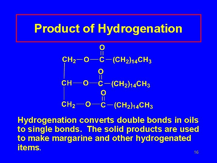Product of Hydrogenation converts double bonds in oils to single bonds. The solid products
