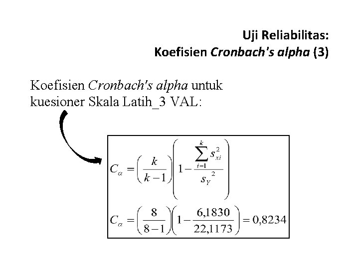 Uji Reliabilitas: Koefisien Cronbach's alpha (3) Koefisien Cronbach's alpha untuk kuesioner Skala Latih_3 VAL: