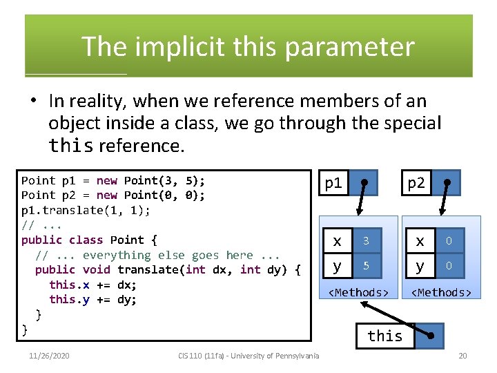 The implicit this parameter • In reality, when we reference members of an object