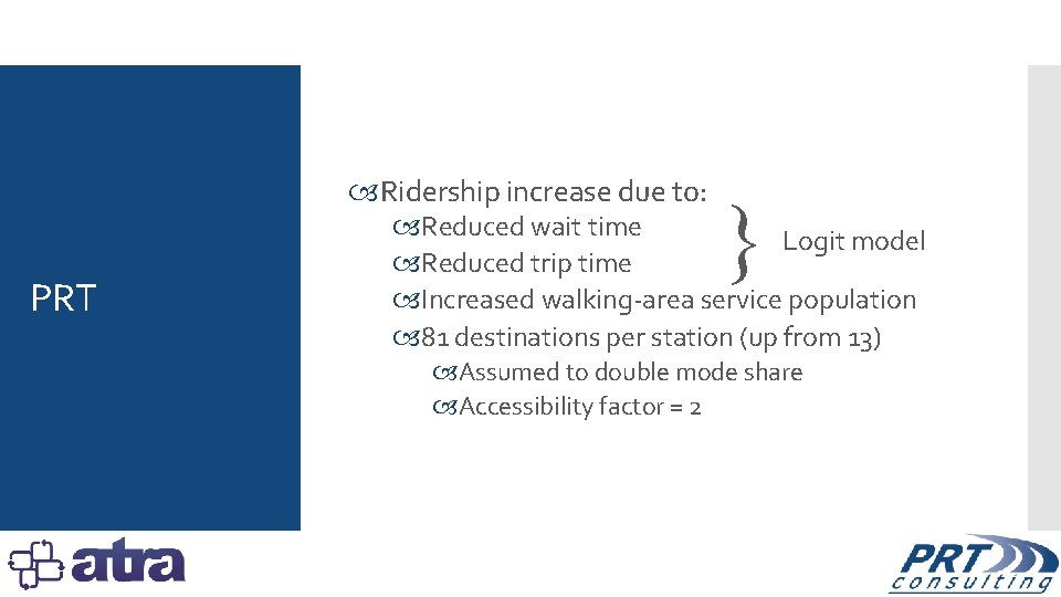  Ridership increase due to: PRT } Reduced wait time Logit model Reduced trip