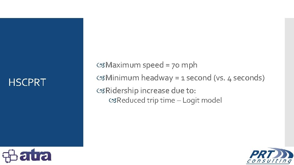 HSCPRT Maximum speed = 70 mph Minimum headway = 1 second (vs. 4 seconds)