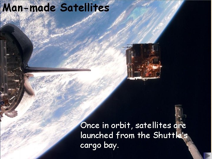 Man-made Satellites Once in orbit, satellites are launched from the Shuttle’s cargo bay. 