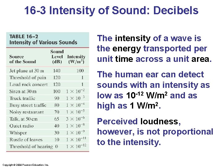 16 -3 Intensity of Sound: Decibels The intensity of a wave is the energy