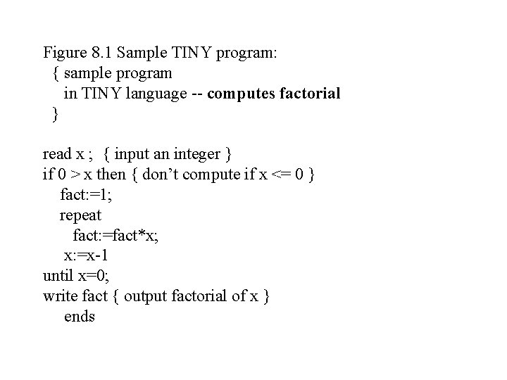 Figure 8. 1 Sample TINY program: { sample program in TINY language -- computes