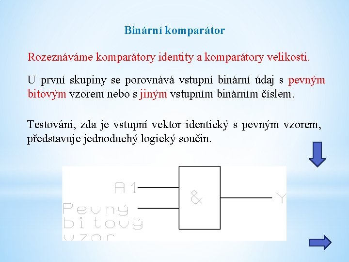 Binární komparátor Rozeznáváme komparátory identity a komparátory velikosti. U první skupiny se porovnává vstupní