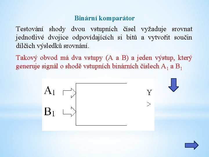 Binární komparátor Testování shody dvou vstupních čísel vyžaduje srovnat jednotlivé dvojice odpovídajících si bitů