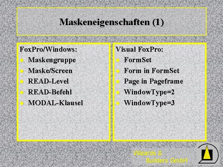 Maskeneigenschaften (1) Fox. Pro/Windows: l Maskengruppe l Maske/Screen l READ-Level l READ-Befehl l MODAL-Klausel