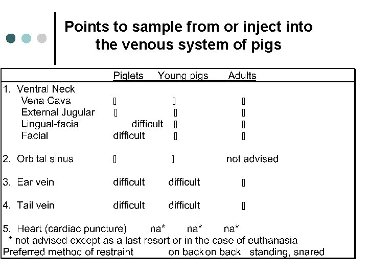 Points to sample from or inject into the venous system of pigs 
