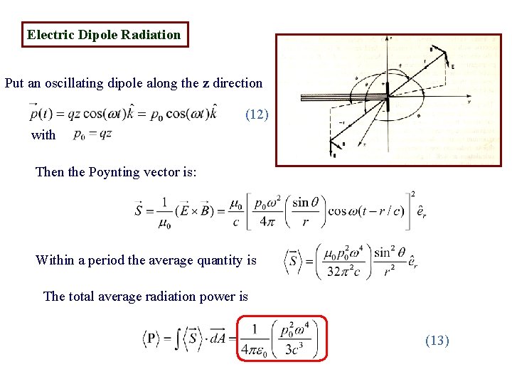Electric Dipole Radiation Put an oscillating dipole along the z direction (12) with Then Electric Dipole Radiation Put an oscillating dipole along the z direction (12) with Then
