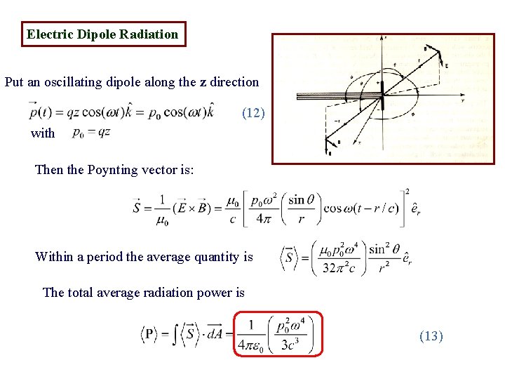 Electric Dipole Radiation Put an oscillating dipole along the z direction (12) with Then