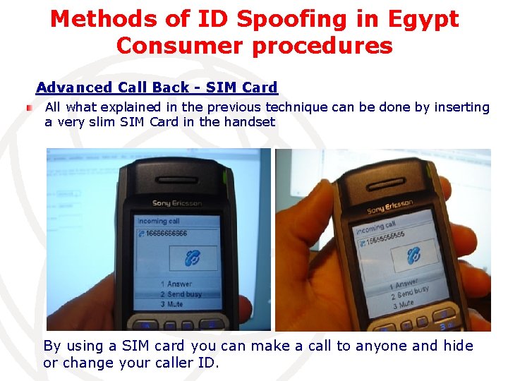 Methods of ID Spoofing in Egypt Consumer procedures Advanced Call Back - SIM Card