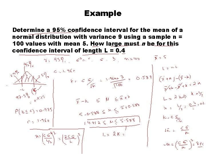 Example Determine a 95% confidence interval for the mean of a normal distribution with