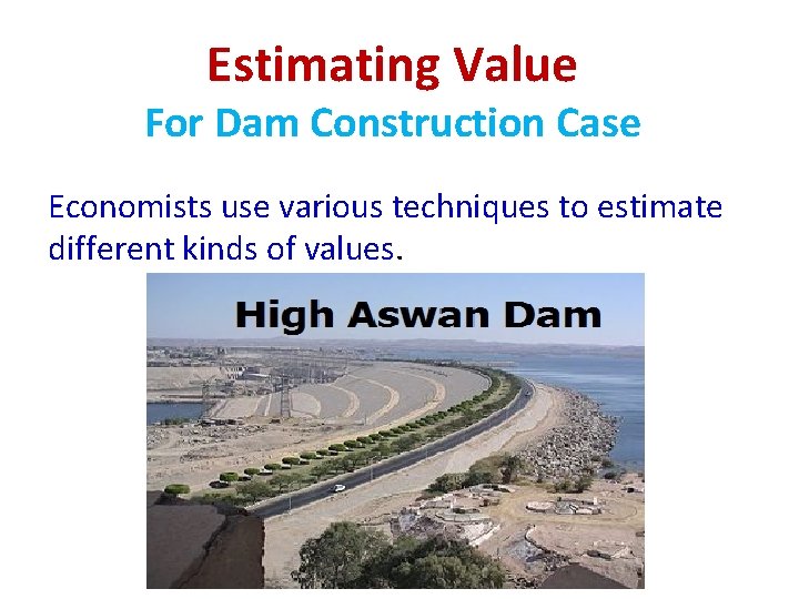 Estimating Value For Dam Construction Case Economists use various techniques to estimate different kinds