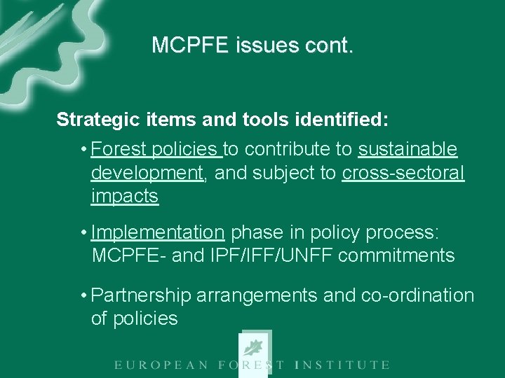MCPFE issues cont. Strategic items and tools identified: • Forest policies to contribute to