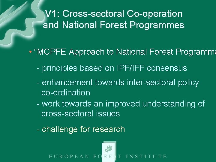 V 1: Cross-sectoral Co-operation and National Forest Programmes • “MCPFE Approach to National Forest