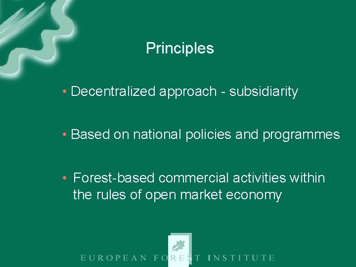 Principles • Decentralized approach - subsidiarity • Based on national policies and programmes •