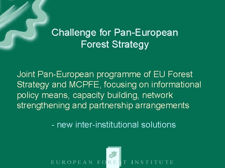 Challenge for Pan-European Forest Strategy Joint Pan-European programme of EU Forest Strategy and MCPFE,