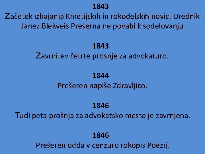 1843 Začetek izhajanja Kmetijskih in rokodelskih novic. Urednik Janez Bleiweis Prešerna ne povabi k