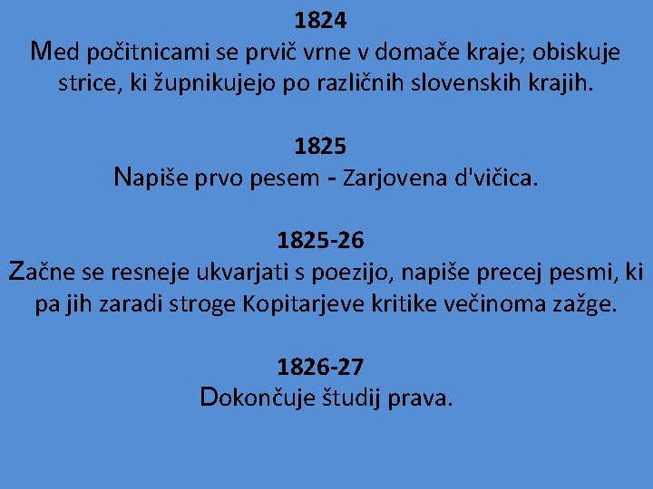 1824 Med počitnicami se prvič vrne v domače kraje; obiskuje strice, ki župnikujejo po