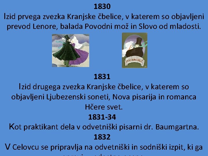 1830 Izid prvega zvezka Kranjske čbelice, v katerem so objavljeni prevod Lenore, balada Povodni