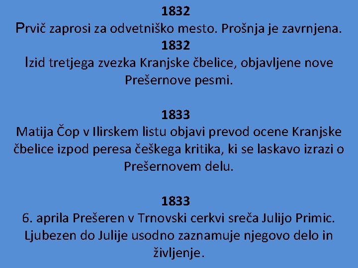 1832 Prvič zaprosi za odvetniško mesto. Prošnja je zavrnjena. 1832 Izid tretjega zvezka Kranjske