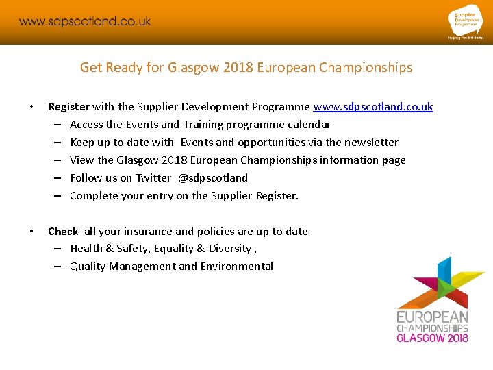 Get Ready for Glasgow 2018 European Championships • Register with the Supplier Development Programme