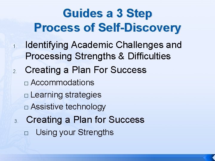 Guides a 3 Step Process of Self-Discovery 1. 2. Identifying Academic Challenges and Processing