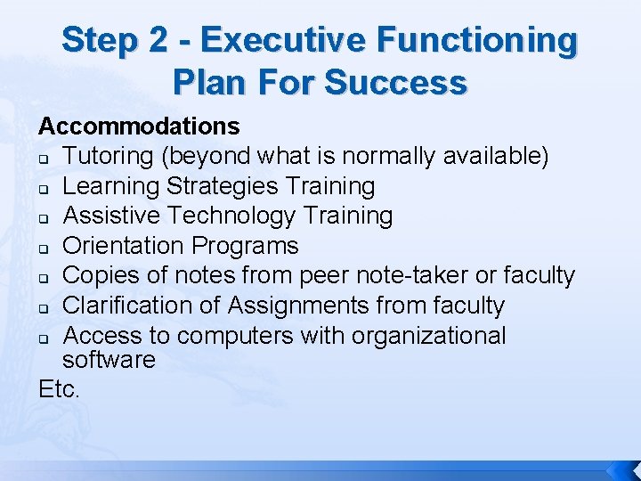 Step 2 - Executive Functioning Plan For Success Accommodations q Tutoring (beyond what is