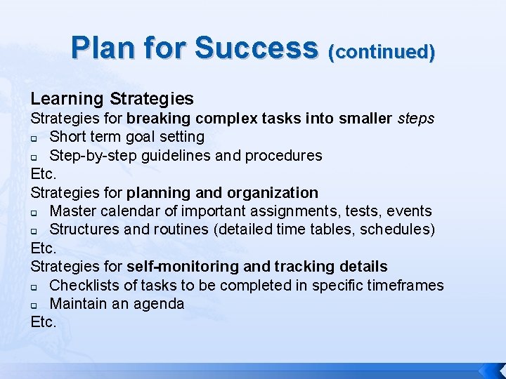 Plan for Success (continued) Learning Strategies for breaking complex tasks into smaller steps q