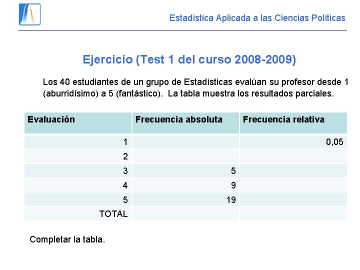 Estadística Aplicada a las Ciencias Políticas Ejercicio (Test 1 del curso 2008 -2009) Los Estadística Aplicada a las Ciencias Políticas Ejercicio (Test 1 del curso 2008 -2009) Los