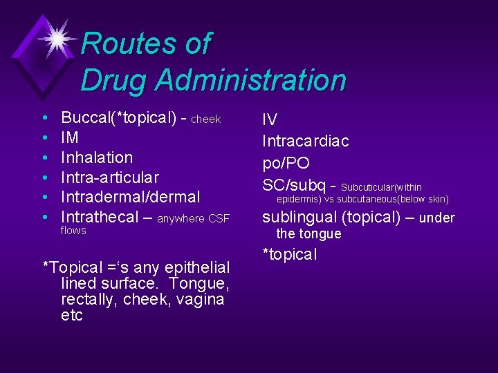 Routes of Drug Administration • • • Buccal(*topical) - cheek IM Inhalation Intra-articular Intradermal/dermal