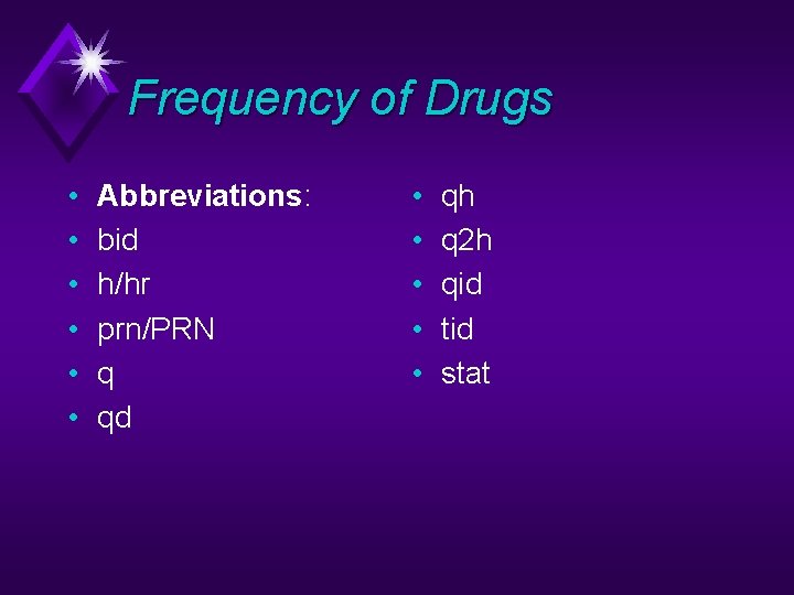 Frequency of Drugs • • • Abbreviations: bid h/hr prn/PRN q qd • •