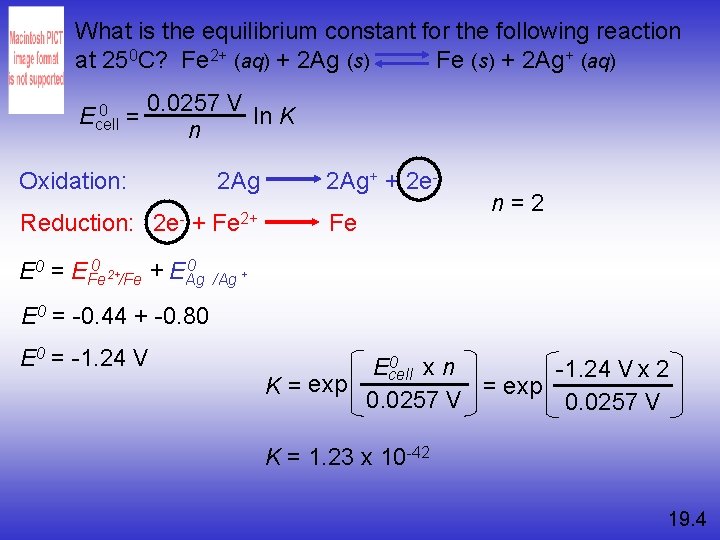 What is the equilibrium constant for the following reaction at 250 C? Fe 2+