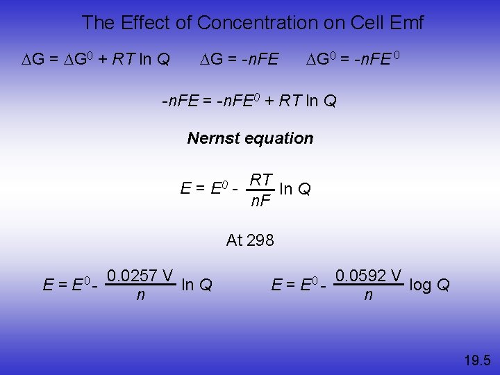 The Effect of Concentration on Cell Emf DG = DG 0 + RT ln