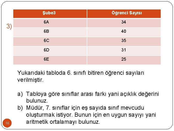 Şube 3 3) Öğrenci Sayısı 6 A 34 6 B 40 6 C 35