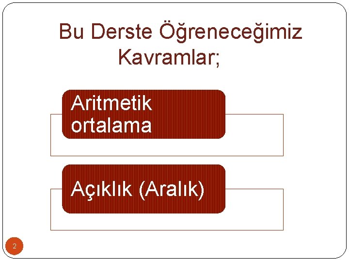 Bu Derste Öğreneceğimiz Kavramlar; Aritmetik ortalama Açıklık (Aralık) 2 