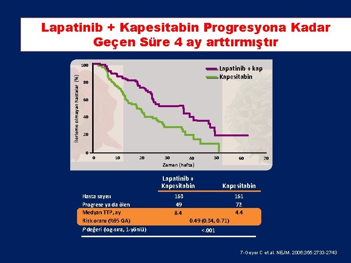 Lapatinib + Kapesitabin Progresyona Kadar Geçen Süre 4 ay arttırmıştır İlerleme olmayan hastalar (%) Lapatinib + Kapesitabin Progresyona Kadar Geçen Süre 4 ay arttırmıştır İlerleme olmayan hastalar (%)
