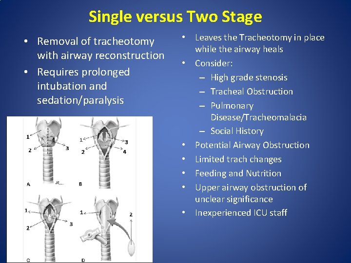 Single versus Two Stage • Removal of tracheotomy with airway reconstruction • Requires prolonged