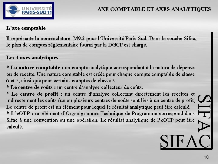 AXE COMPTABLE ET AXES ANALYTIQUES L’axe comptable Il représente la nomenclature M 9. 3