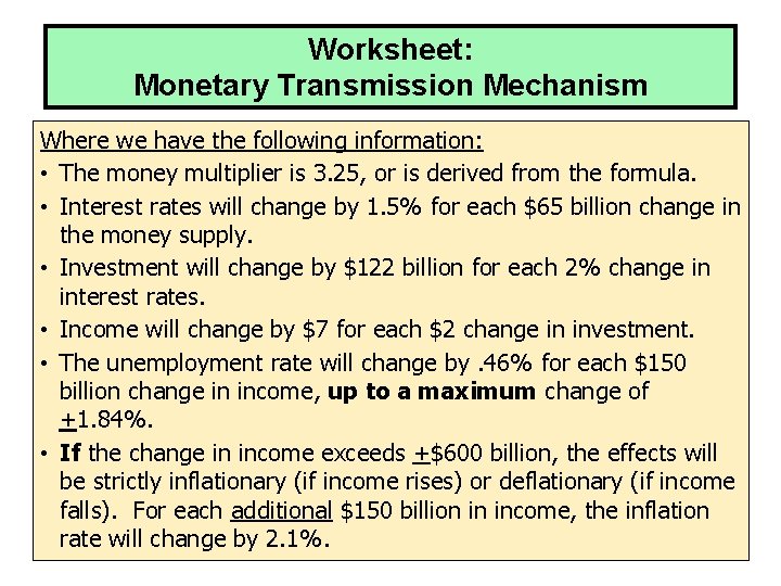 Worksheet: Monetary Transmission Mechanism Where we have the following information: • The money multiplier