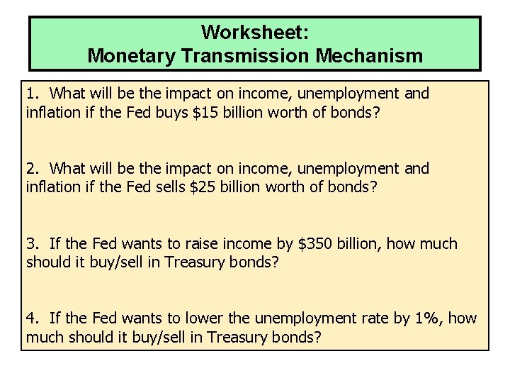 Worksheet: Monetary Transmission Mechanism 1. What will be the impact on income, unemployment and