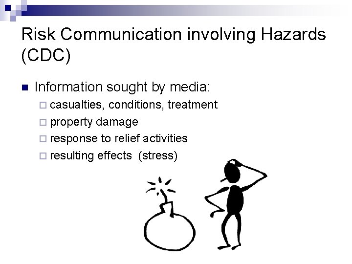 Risk Communication involving Hazards (CDC) n Information sought by media: ¨ casualties, conditions, treatment