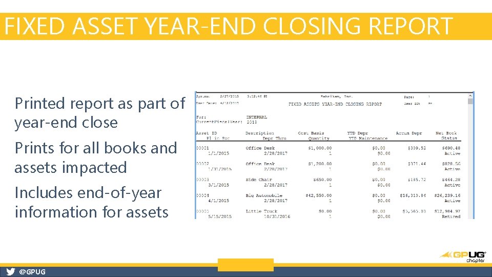 FIXED ASSET YEAR-END CLOSING REPORT Printed report as part of year-end close Prints for FIXED ASSET YEAR-END CLOSING REPORT Printed report as part of year-end close Prints for